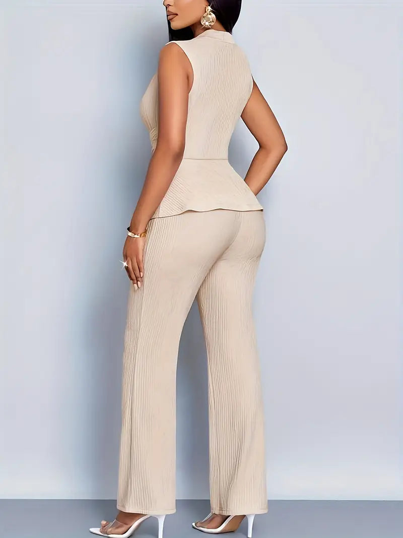 Womens V-Neck Ruched Peplum Top with Wide Leg Trouser Set