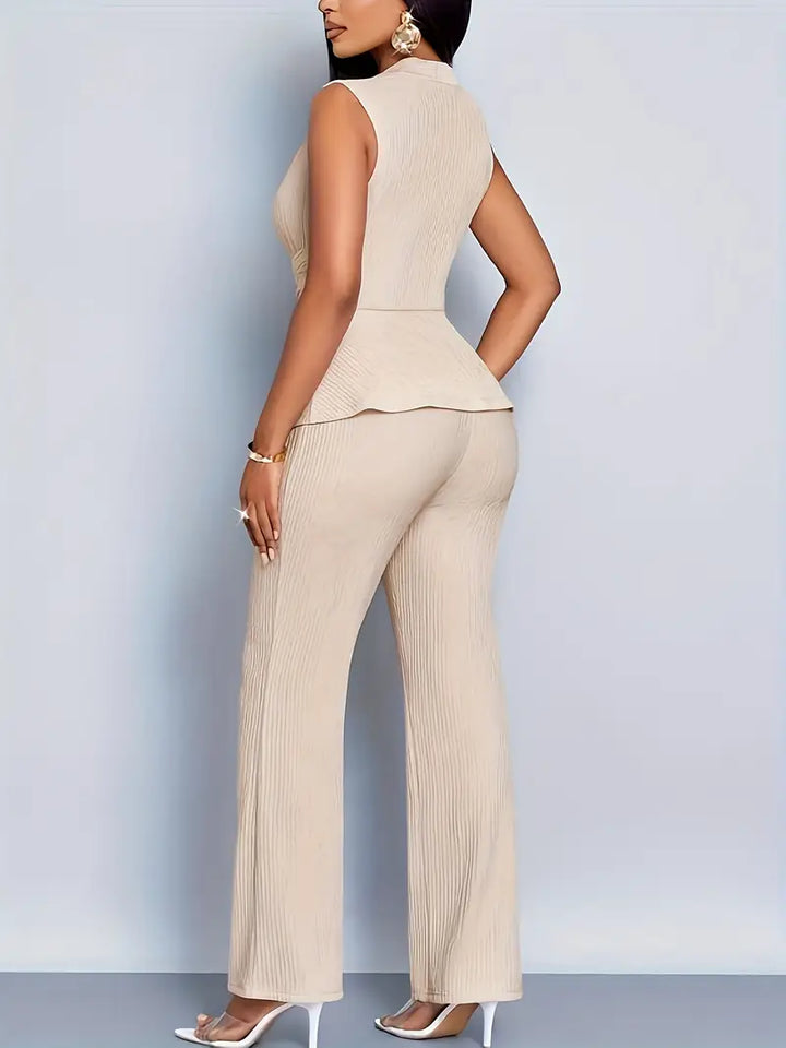 Womens V-Neck Ruched Peplum Top with Wide Leg Trouser Set