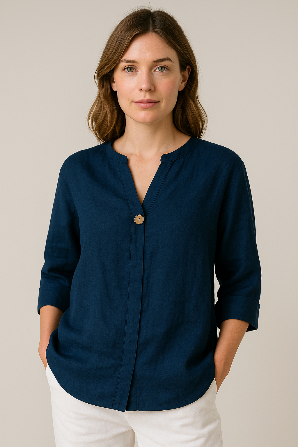 Womens Linen Blouse Single-Button V-Neck