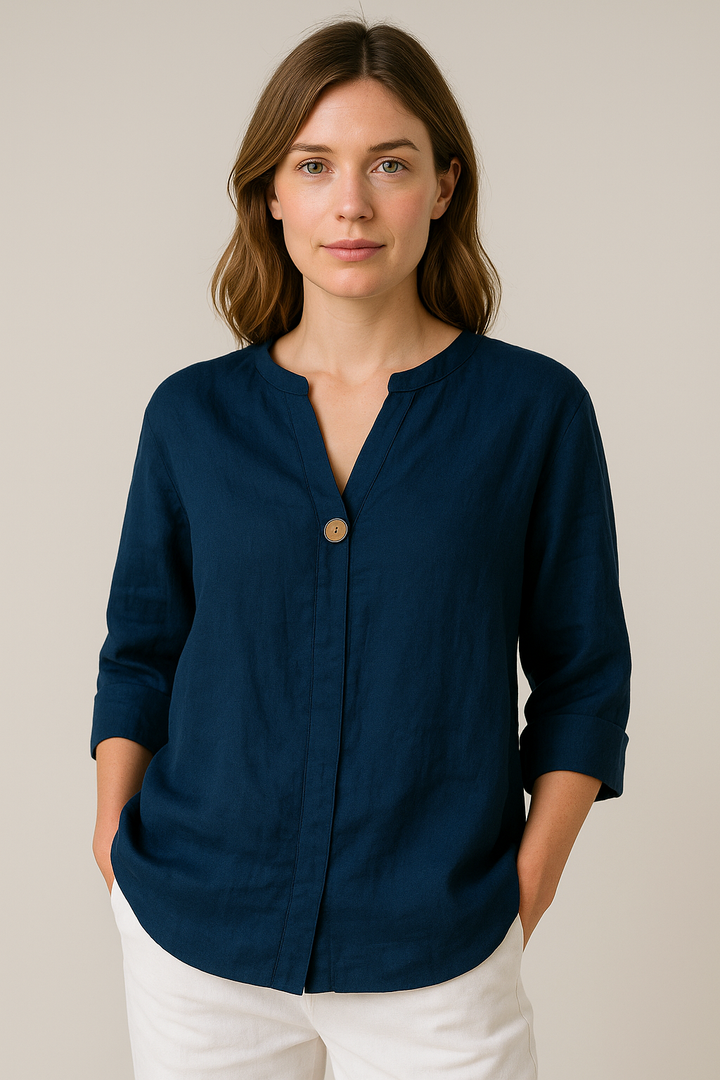 Womens Linen Blouse Single-Button V-Neck