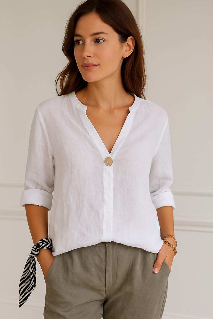 Womens Linen Blouse Single-Button V-Neck
