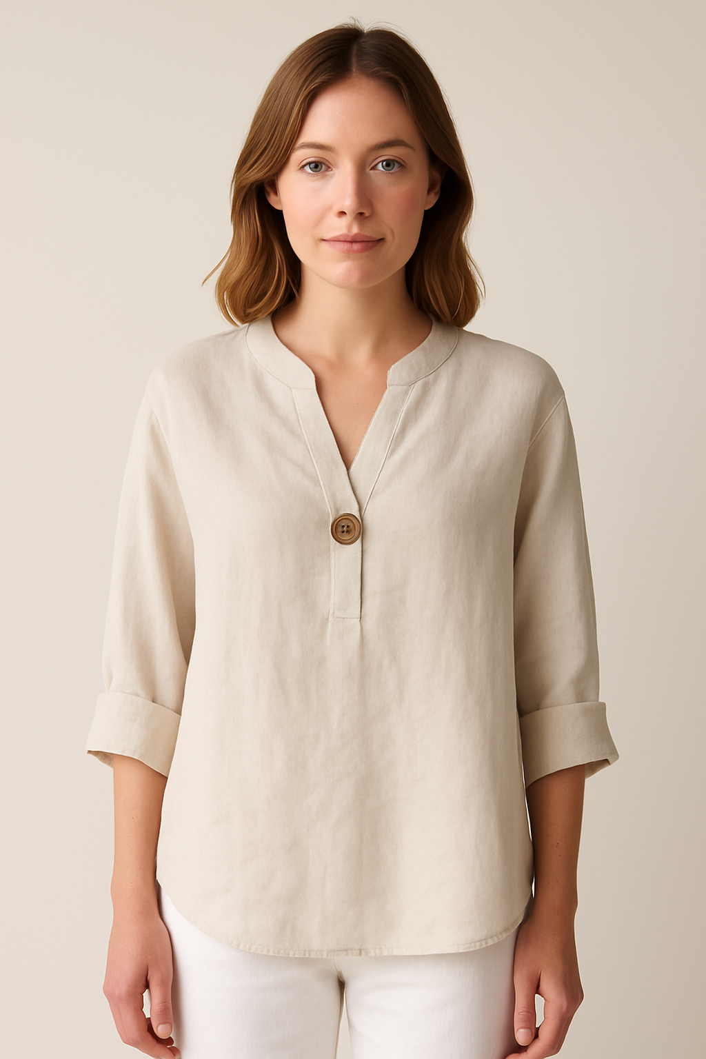 Womens Linen Blouse Single-Button V-Neck - BritishMode