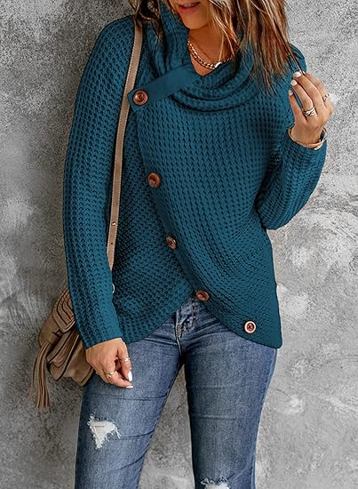 Womens Sweatshirt Chunky Knit Asymmetrical Wrap Cowl Neck Relaxed Fit - BritishMode