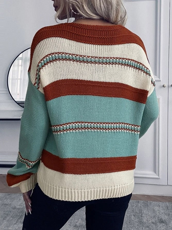 Womens Knit Sweatshirt V-Neck Relaxed Fit Long Sleeve