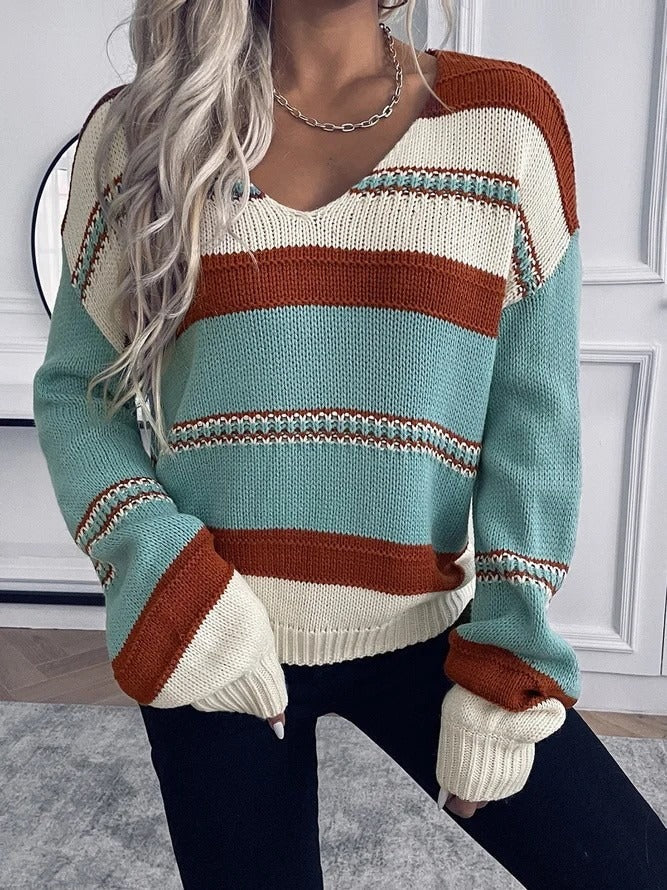 Womens Knit Sweatshirt V-Neck Relaxed Fit Long Sleeve - BritishMode