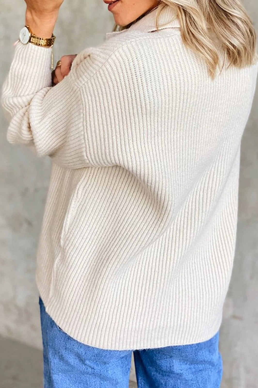 Womens Sweatshirt Ribbed Knit Relaxed Fit Button Front Stand Collar