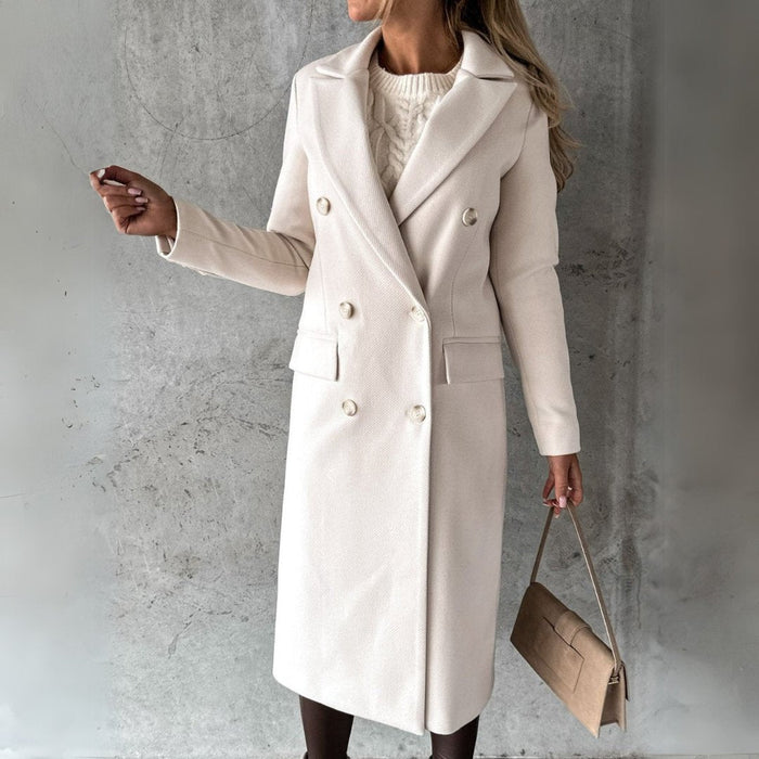 Womens Wool Blend Tailored Coat Double Breasted Knee Length