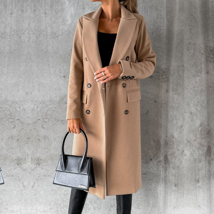 Womens Wool Blend Tailored Coat Double Breasted Knee Length