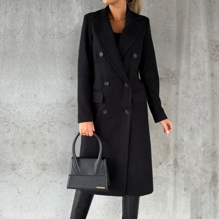 Womens Wool Blend Tailored Coat Double Breasted Knee Length - BritishMode