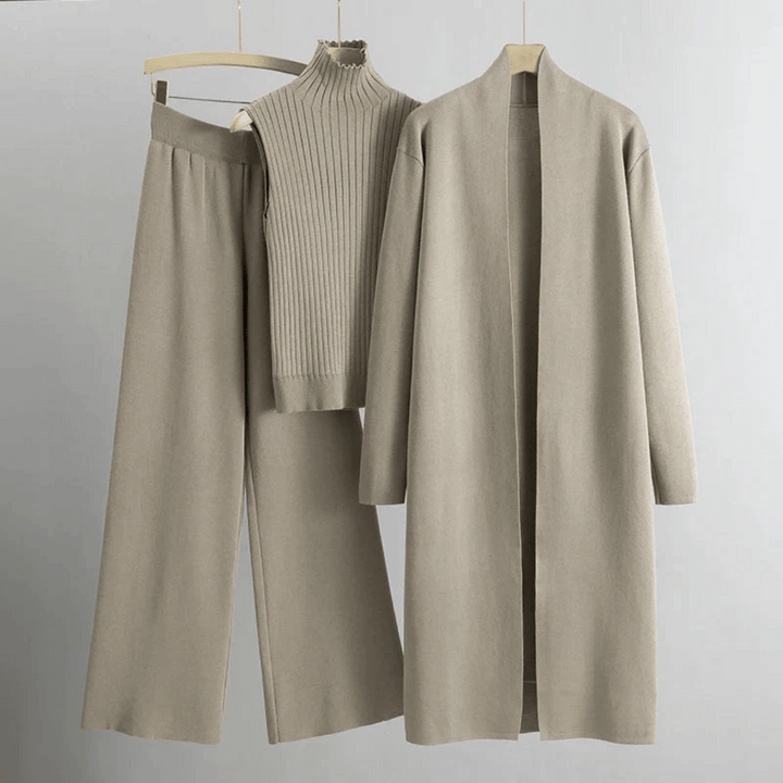 Womens Three-Piece Set Ribbed Turtleneck Knit Cardigan Wide-Leg