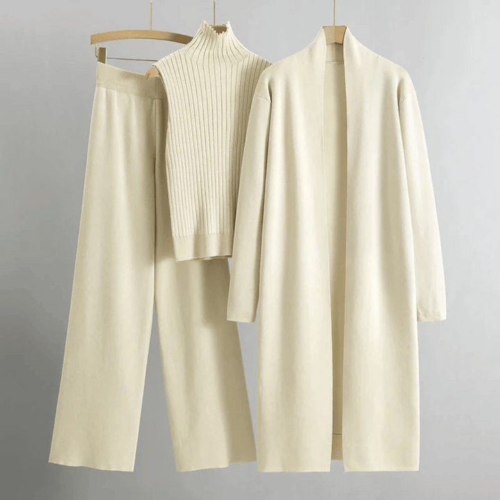 Womens Three-Piece Set Ribbed Turtleneck Knit Cardigan Wide-Leg