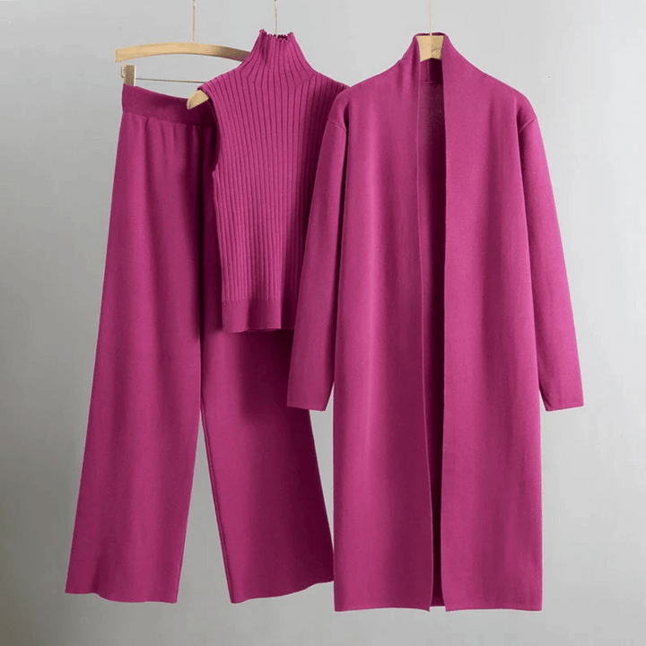 Womens Three-Piece Set Ribbed Turtleneck Knit Cardigan Wide-Leg
