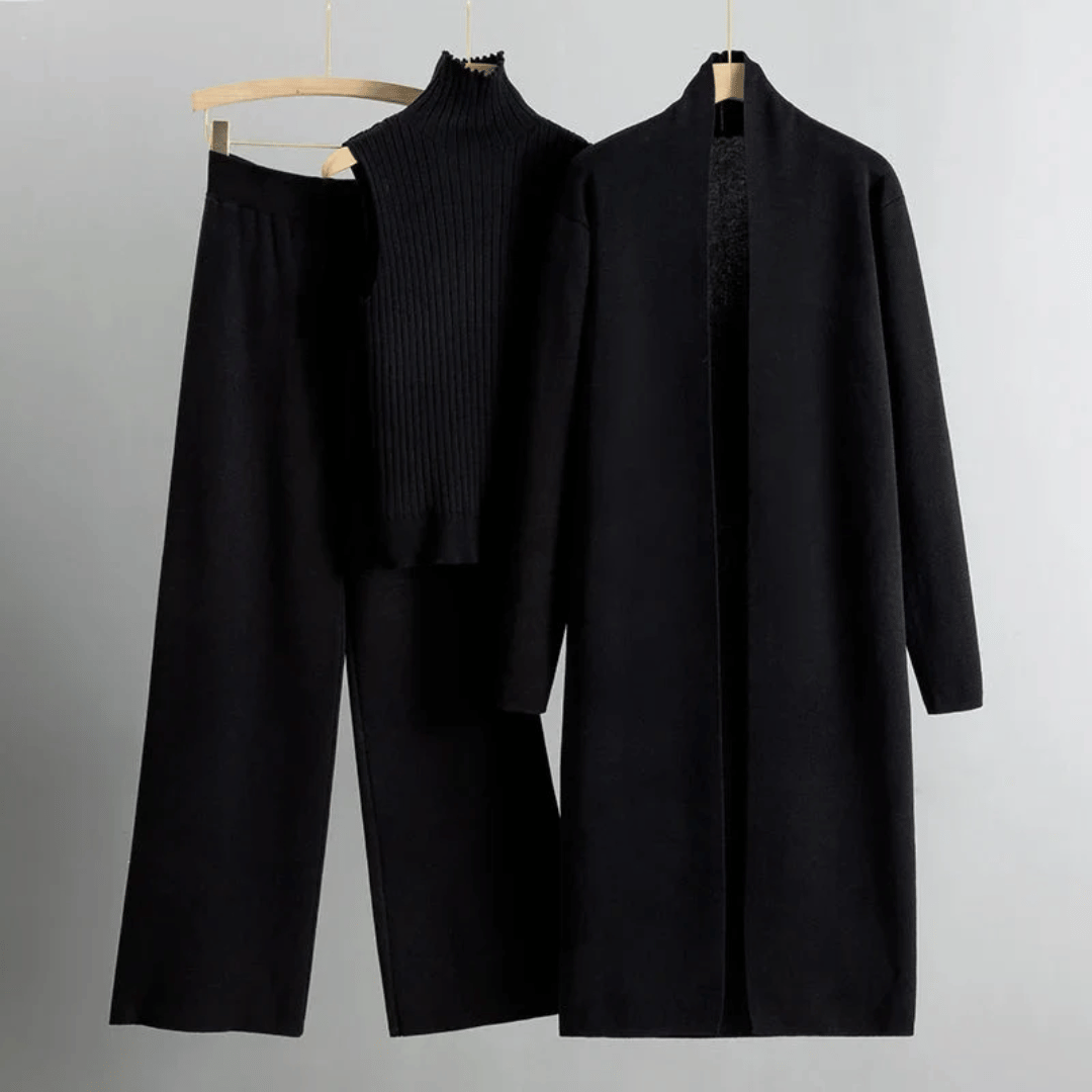 Womens Three-Piece Set Ribbed Turtleneck Knit Cardigan Wide-Leg