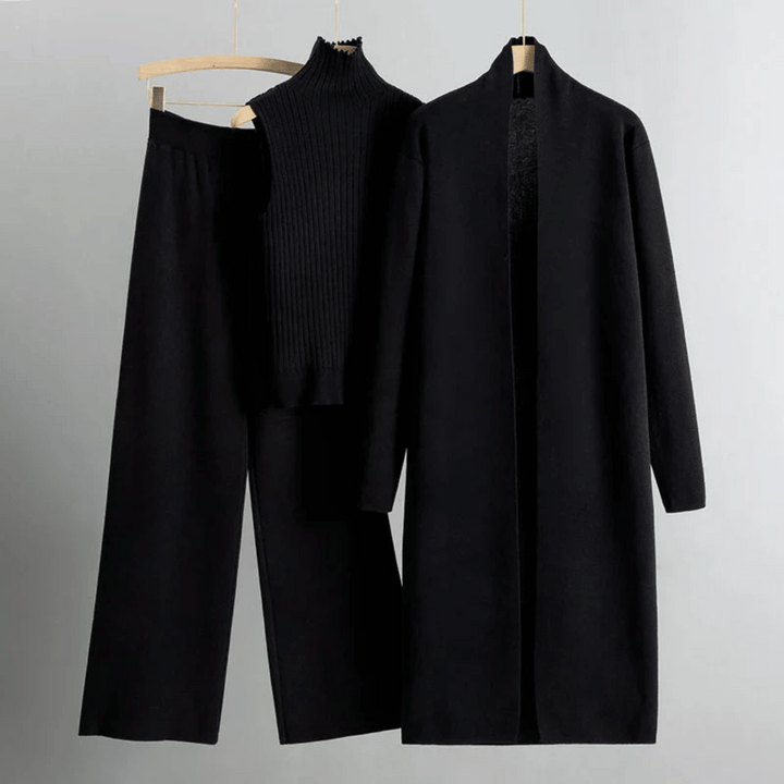 Womens Three-Piece Set Ribbed Turtleneck Knit Cardigan Wide-Leg