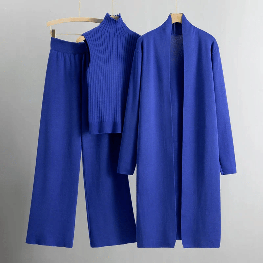 Womens Three-Piece Set Ribbed Turtleneck Knit Cardigan Wide-Leg