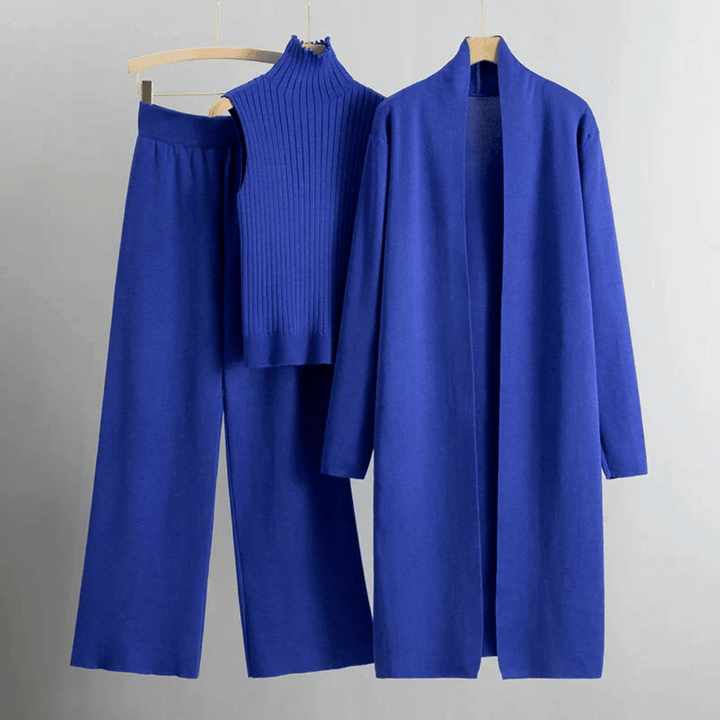 Womens Three-Piece Set Ribbed Turtleneck Knit Cardigan Wide-Leg