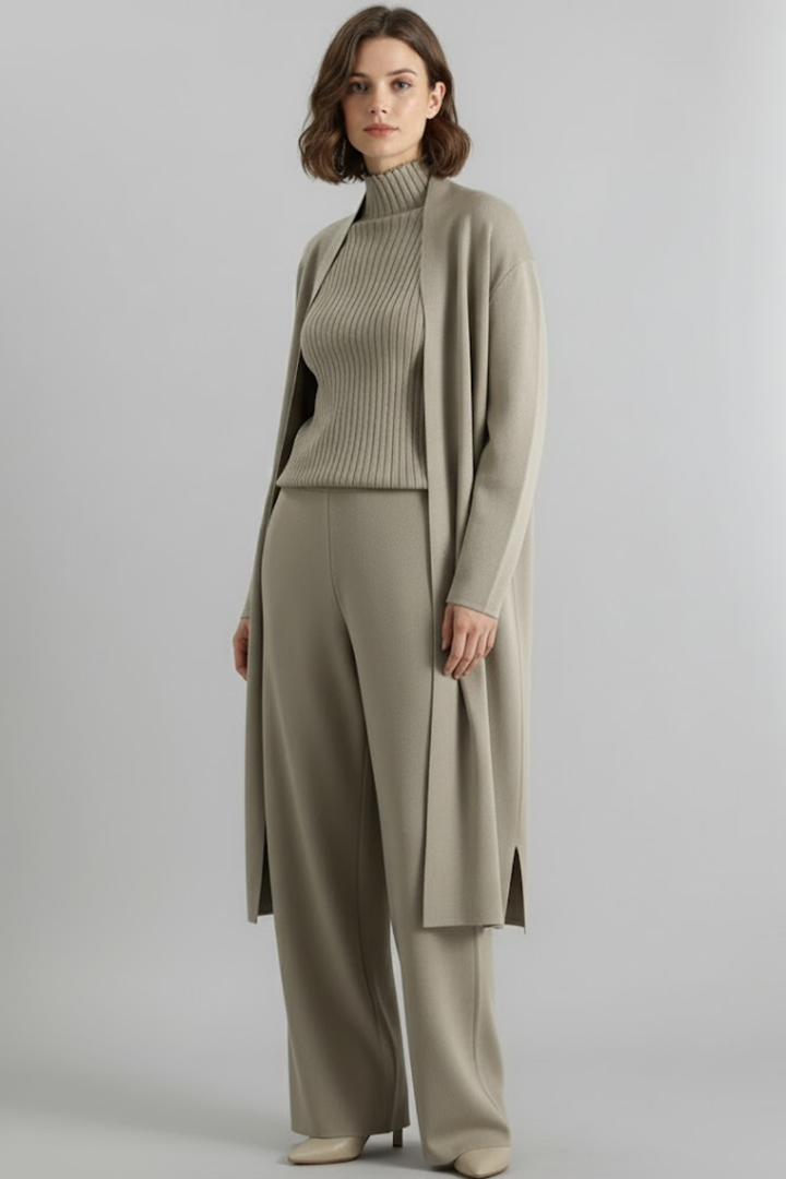 Womens Three-Piece Set Ribbed Turtleneck Knit Cardigan Wide-Leg - BritishMode
