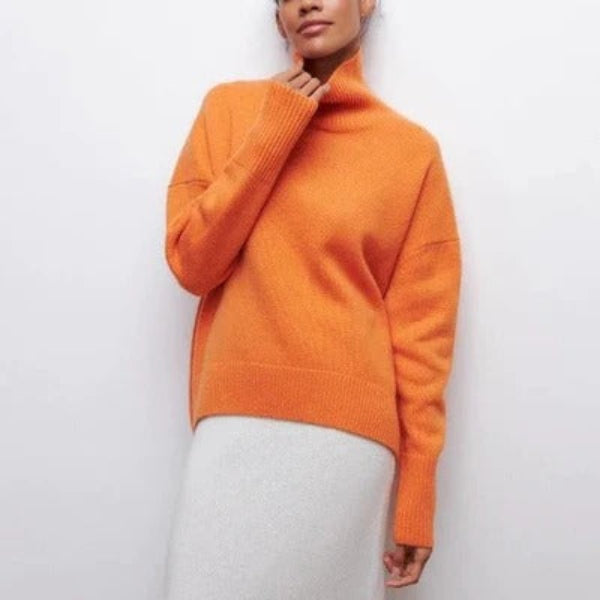 Womens Wool Blend Turtleneck Sweater Oversized Fit Ribbed Trim - BritishMode