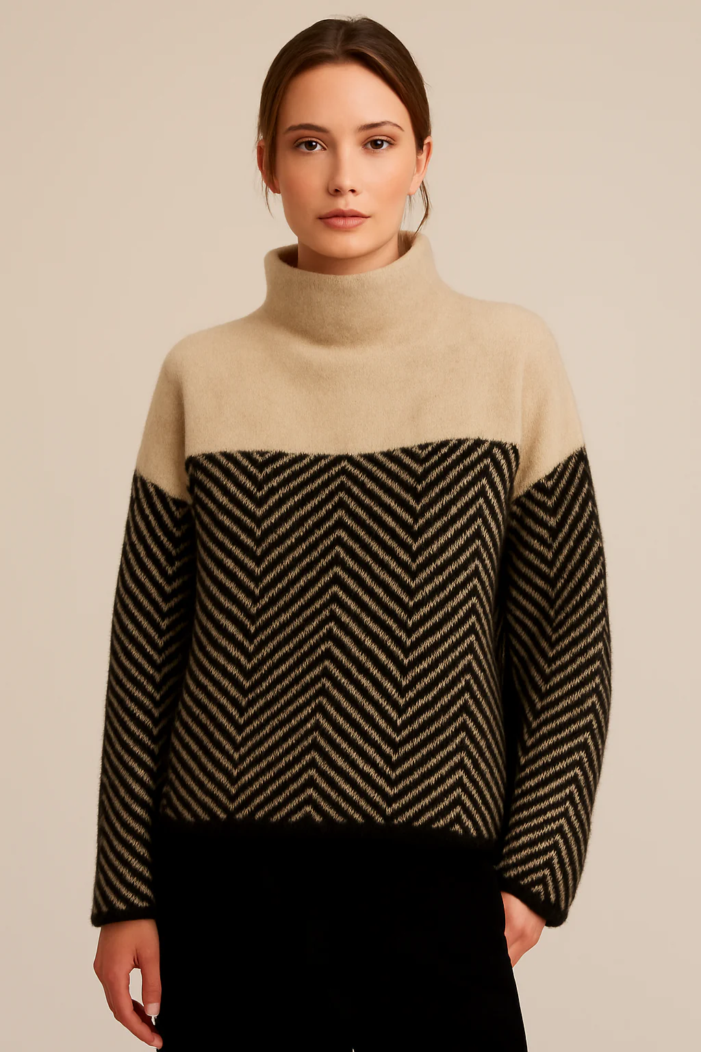 Womens Wool Turtleneck Sweater Chevron Knit Relaxed Fit Long Sleeve - BritishMode