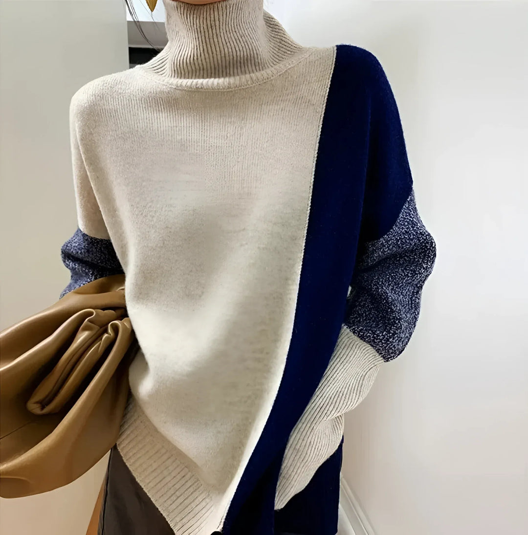Womens Turtleneck Sweatshirt Wool Blend Relaxed Fit Asymmetrical Style - BritishMode