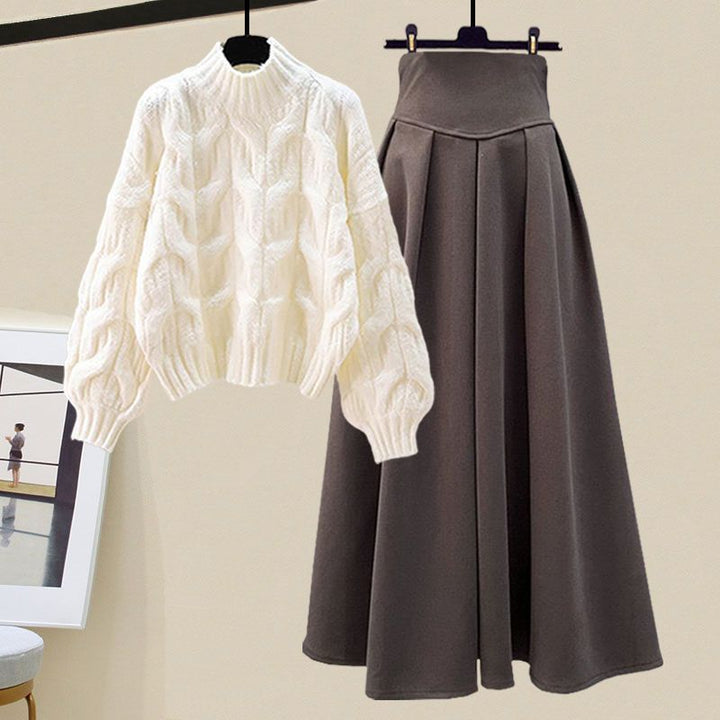 Womens Two-Piece Set Cable Knit Oversized Sweater Pleated A-Line Skirt