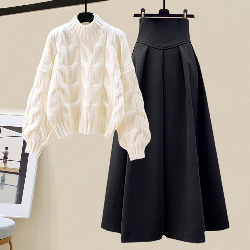 Womens Two-Piece Set Cable Knit Oversized Sweater Pleated A-Line Skirt