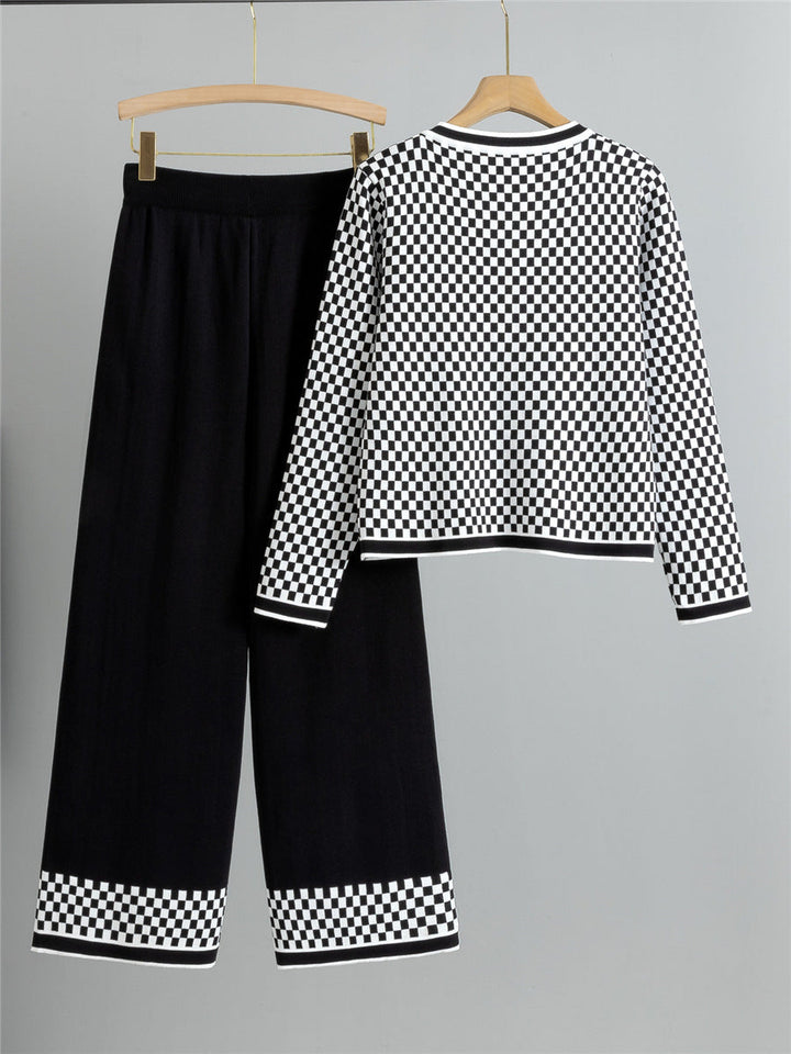 Womens Two-Piece Suit Knitted Cardigan Button Front High-Waisted