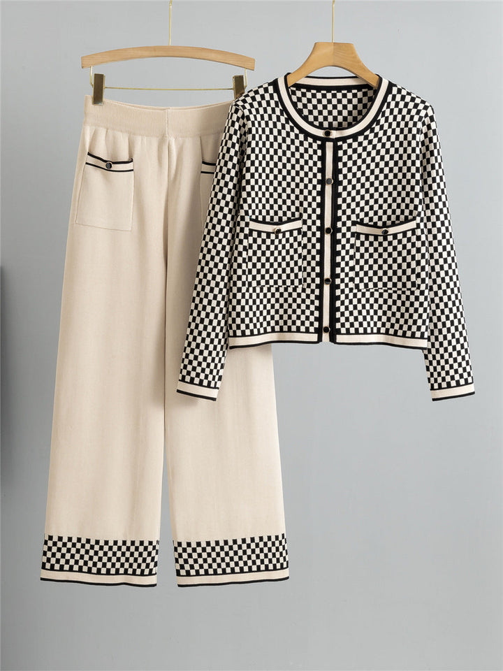 Womens Two-Piece Suit Knitted Cardigan Button Front High-Waisted