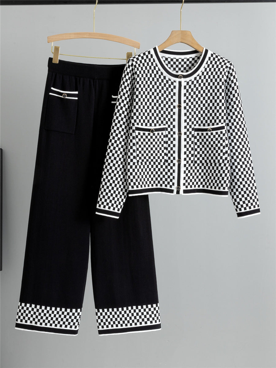 Womens Two-Piece Suit Knitted Cardigan Button Front High-Waisted - BritishMode