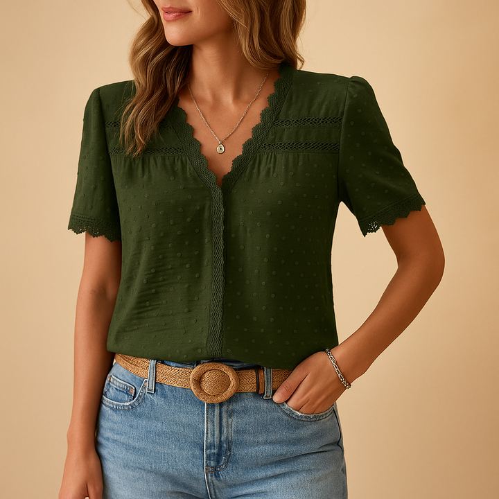 Womens Blouse with V-Neck Lace Trim Dobby Texture