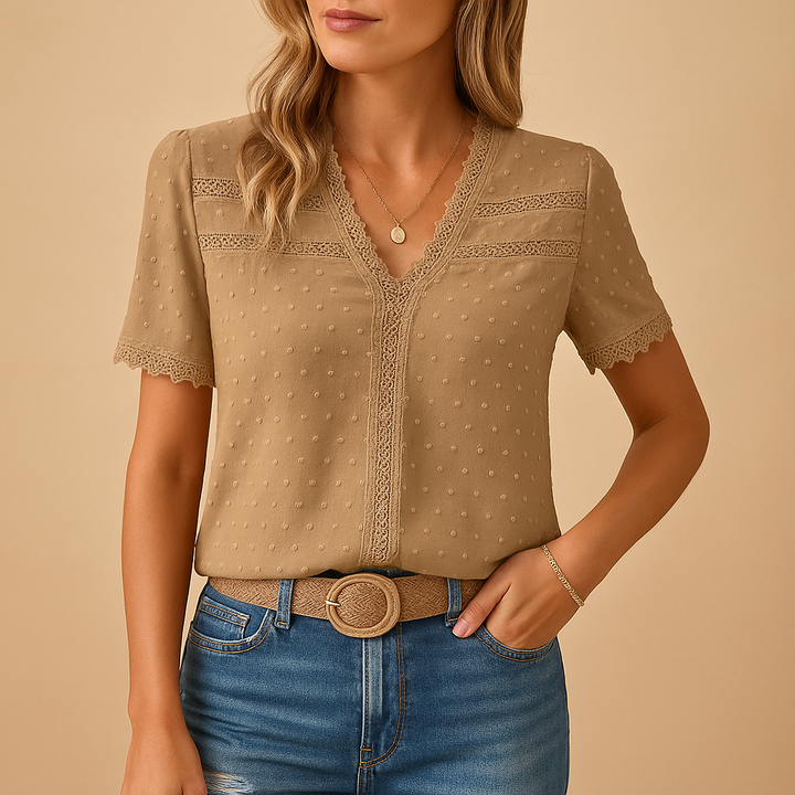 Womens Blouse with V-Neck Lace Trim Dobby Texture - BritishMode