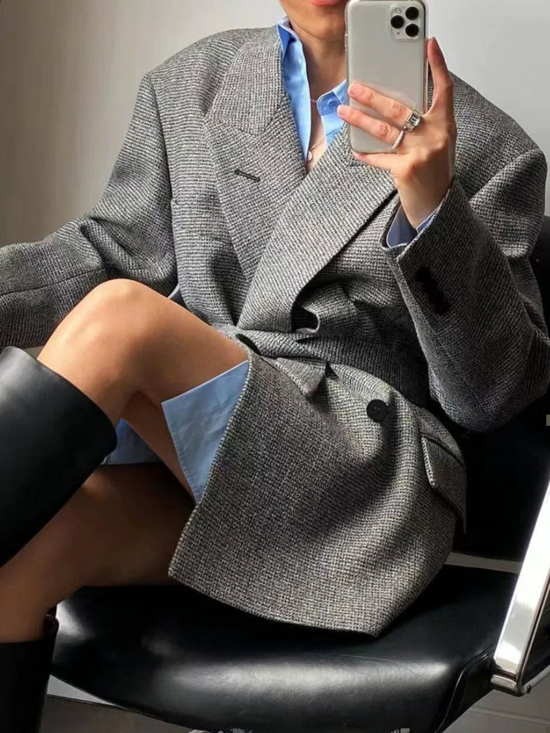 Womens Wool-Blend Blazer Plaid Pattern Belted Fit