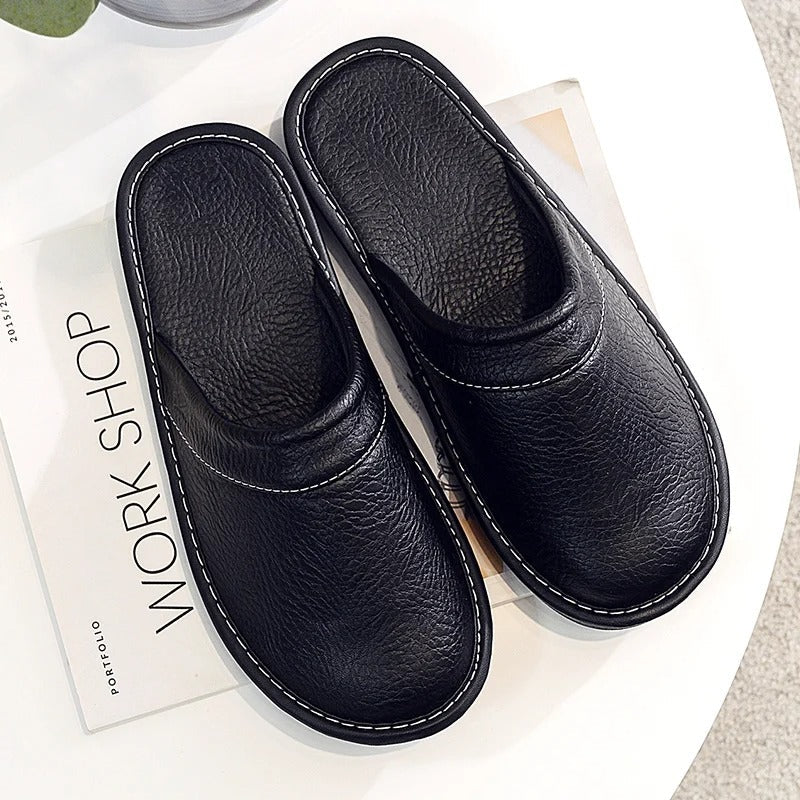 Mens Leather Slippers Comfortable Slip-On