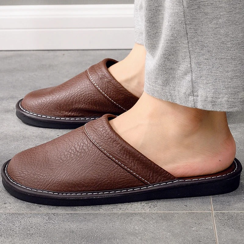 Mens Leather Slippers Comfortable Slip-On
