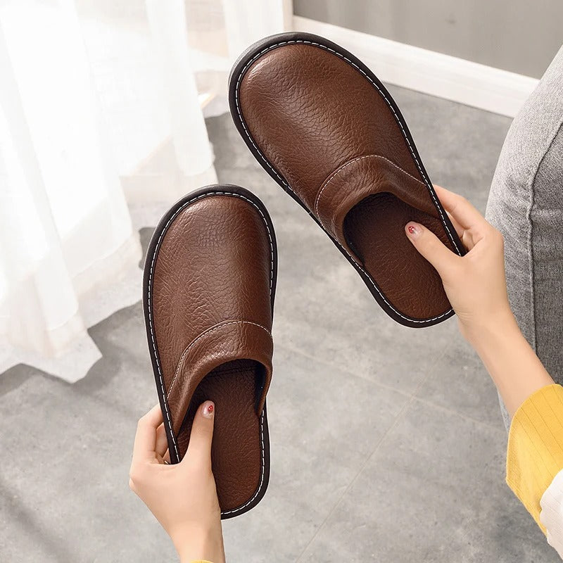 Mens Leather Slippers Comfortable Slip-On