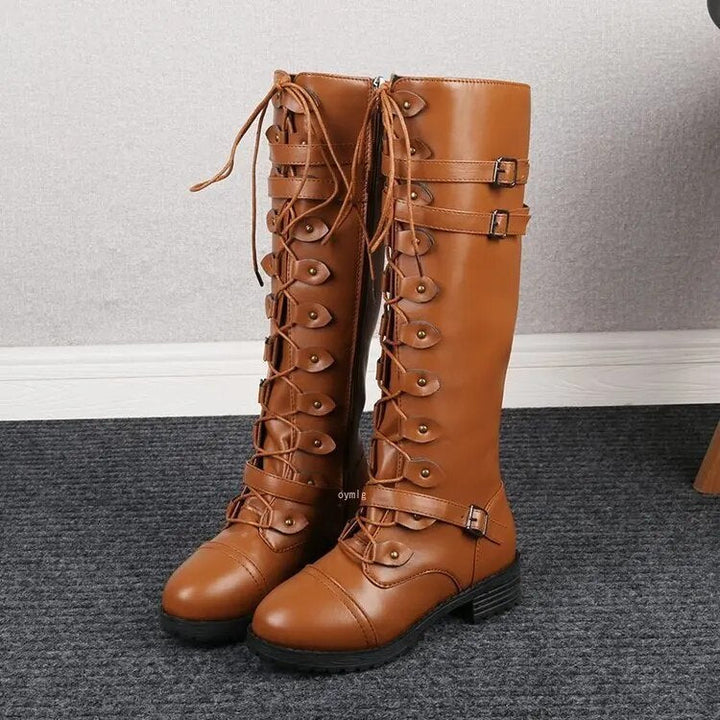Womens Flat Boots Lace-Up Vintage Style Steampunk Buckle