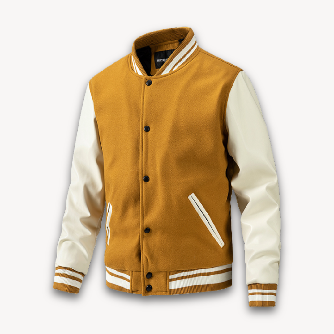 Mens Varsity Jacket Wool Blend with Faux Leather Sleeves Classic Fit