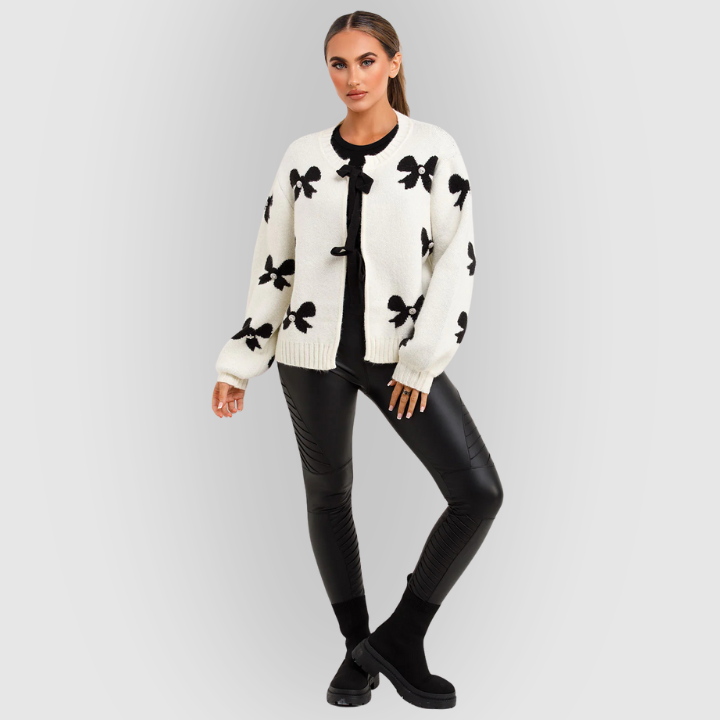Womens Knit Cardigan Sweater with Bow Cozy Fit - BritishMode