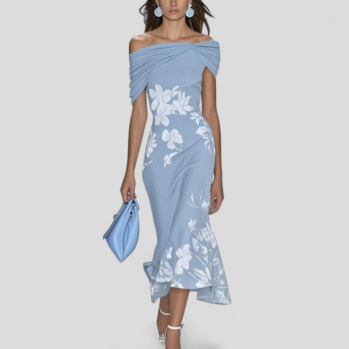 Womens Off Shoulder Midi Dress Floral Pattern Ruffle Hem