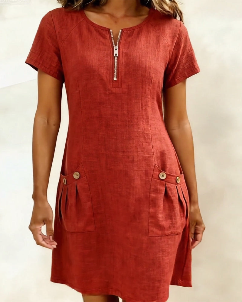 Womens Shift Dress Short Sleeve Zip Neck with Pockets