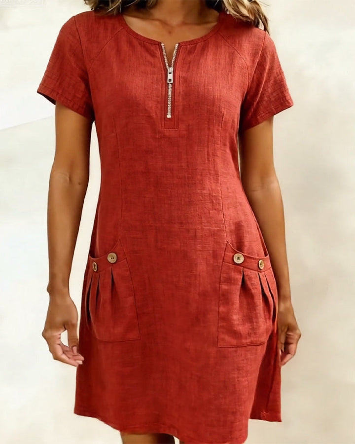 Womens Shift Dress Short Sleeve Zip Neck with Pockets