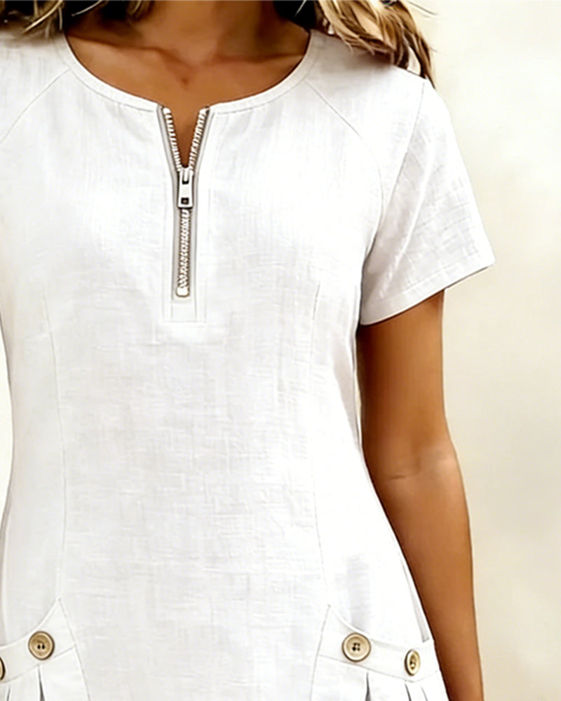 Womens Shift Dress Short Sleeve Zip Neck with Pockets
