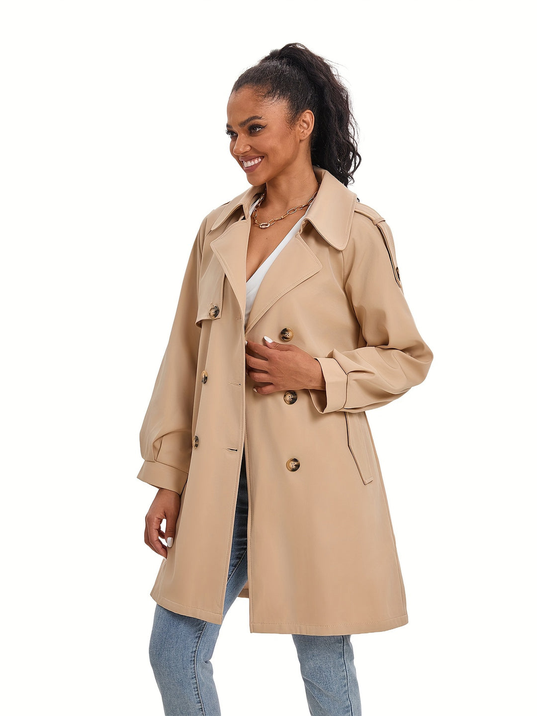 Womens Double-Breasted Trench Coat Long Classic Fit - BritishMode