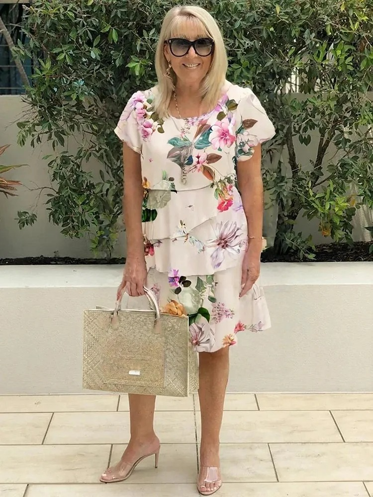 Womens Midi Dress Floral Pattern Waterfall Cut Airy Fit - BritishMode