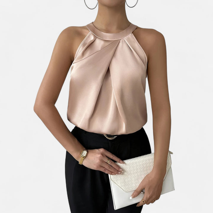 Womens Satin Sleeveless Top Halter Neck Pleated Draped - BritishMode