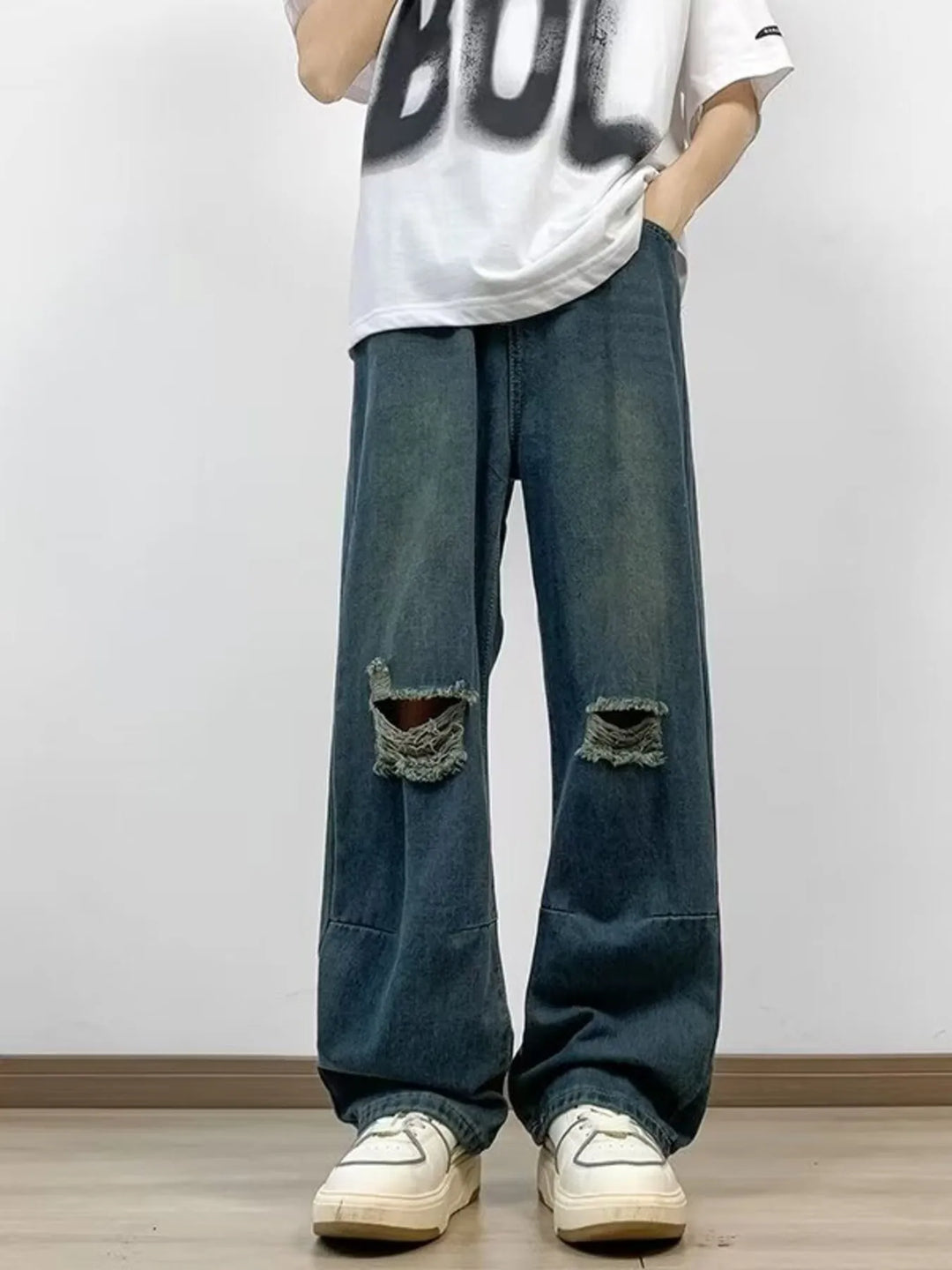 Mens Jeans Ripped Wide Leg Relaxed Fit - BritishMode