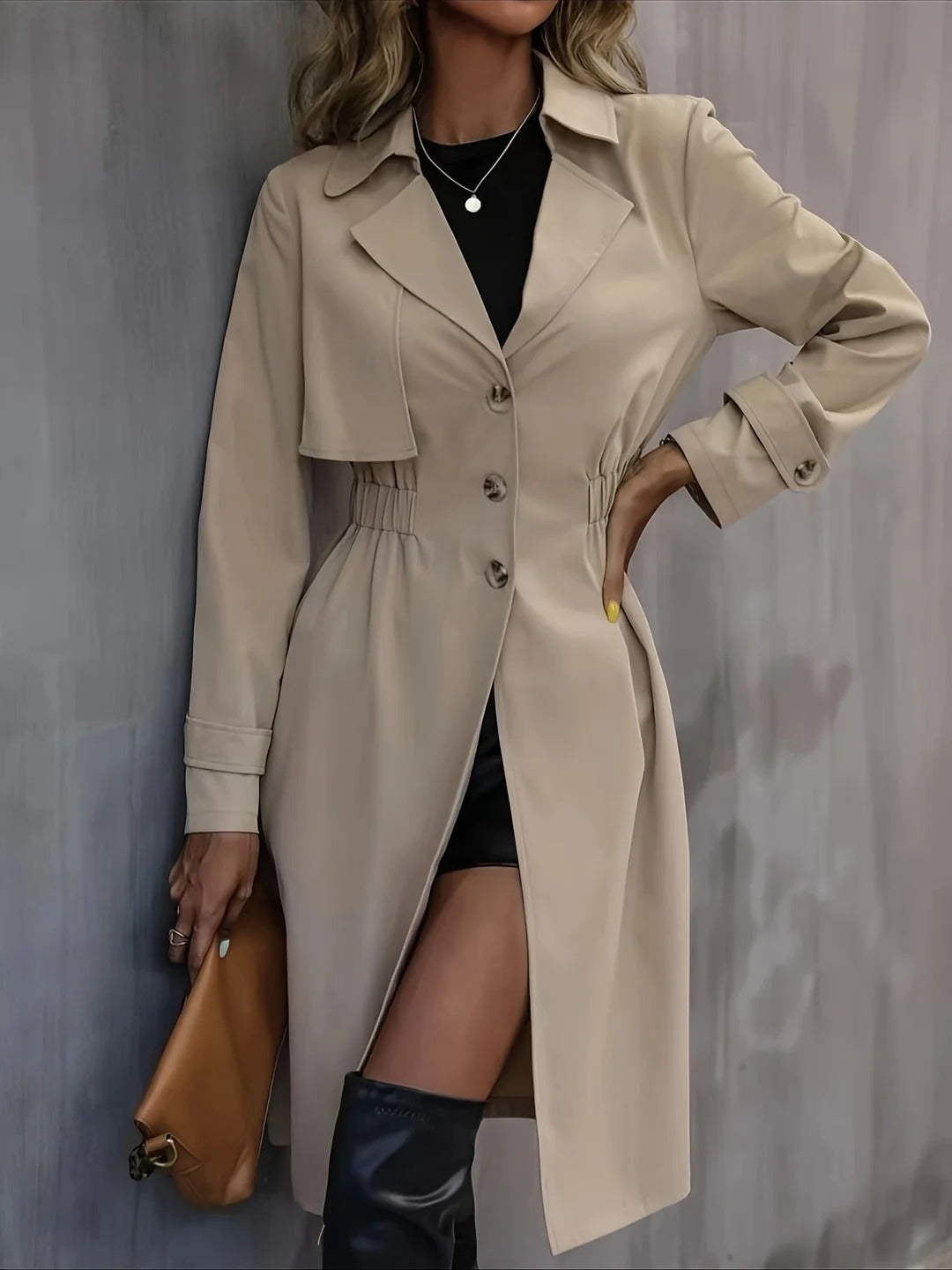 Womens Long Trench Coat Folded Back Classic Style