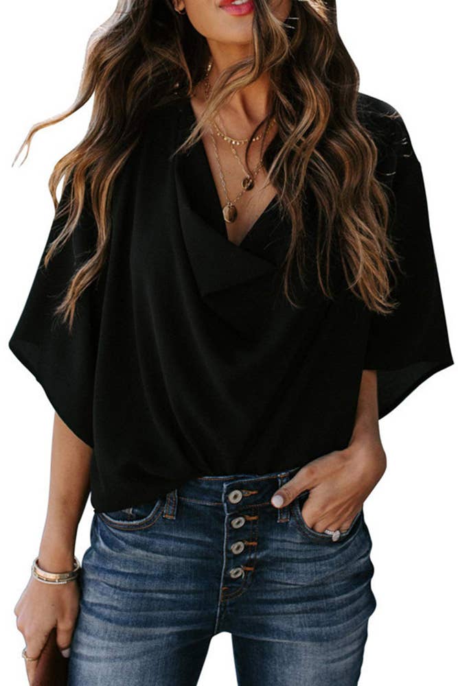 Womens Draped Blouse with Cowl Neck and Batwing Sleeves - BritishMode