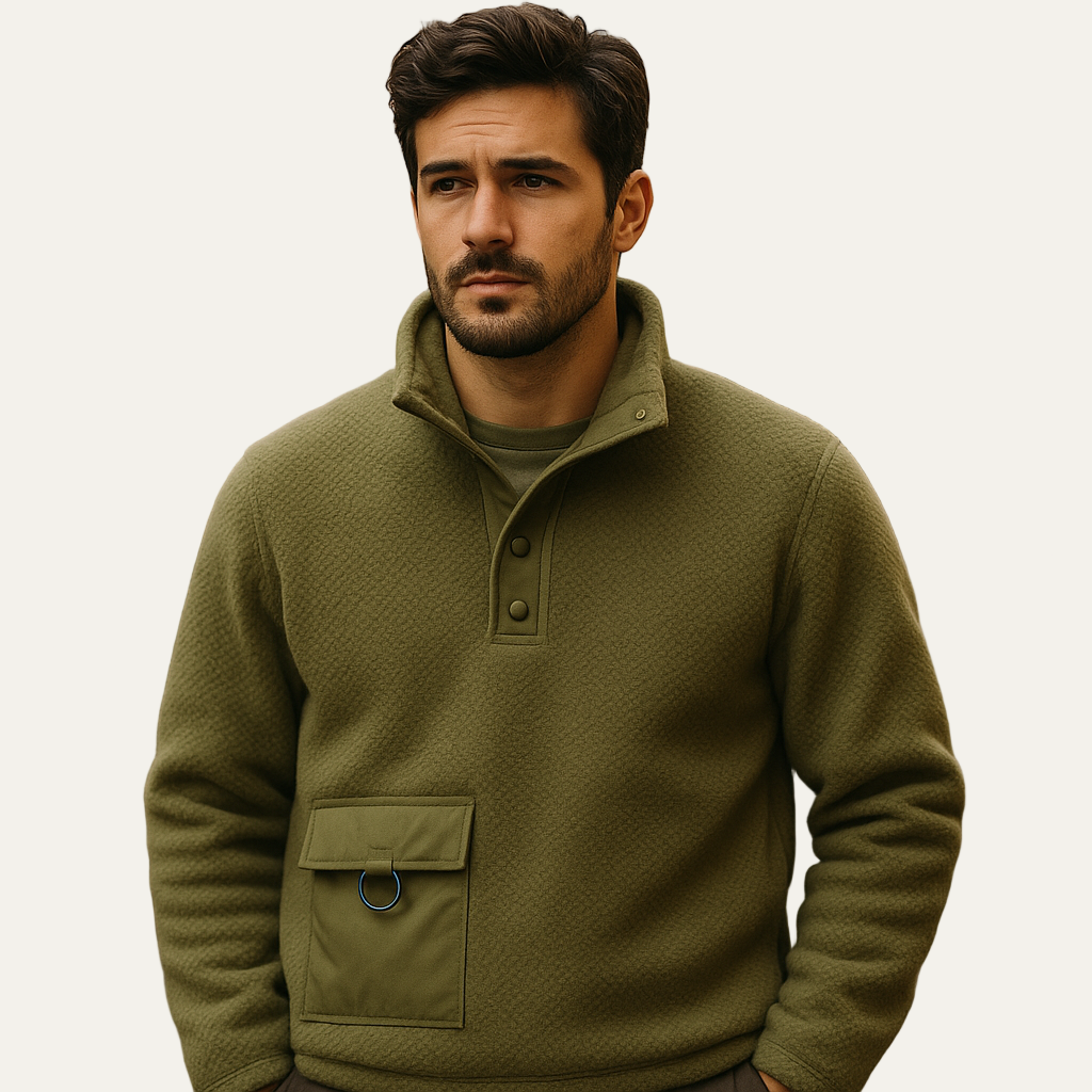 Mens Fleece Pullover with Snap Closure Utility Chest Pocket