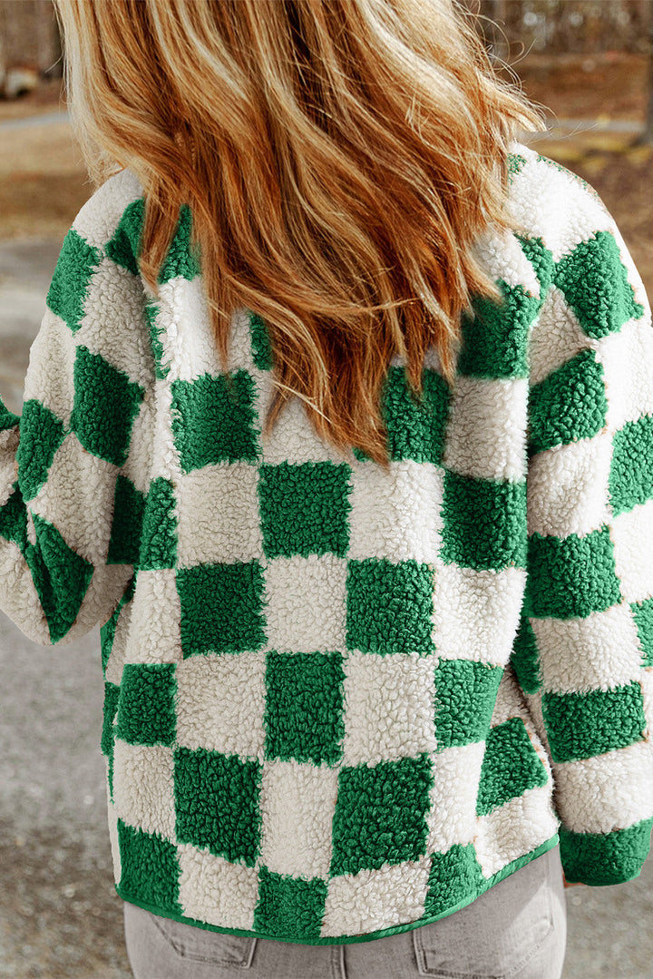Womens Sherpa Jacket Checked Pattern Press Stud Closure